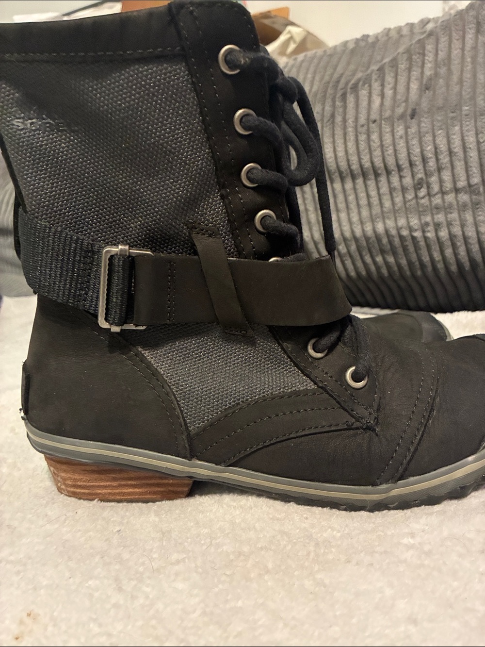 Sorel Black Lace-Up Ankle Boots with Buckle Strap